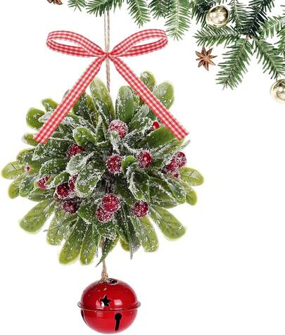 Muérdago Decoración de Navidad Artificial Muérdago Bola de besos con lazo de campana, bayas para colgar decoraciones de Navidad para puerta de luz árbol de Navidad (rojo)