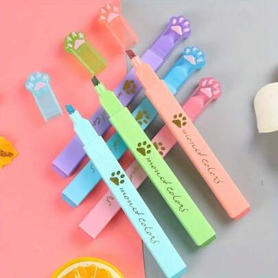 6 pièces Stylos surligneurs fluorescents mignons en forme de patte de chat - couleurs claires, pointe oblique, protégeant les yeux, écriture fluide, convient aux étudiants et à la prise de notes, stylos chat