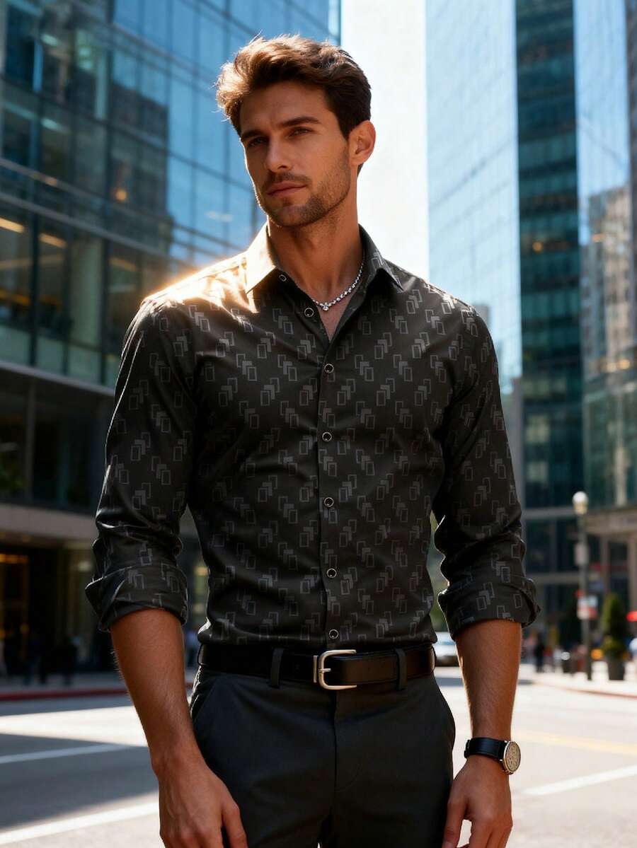 Men Classic Fashion Business Long Sleeve Shirt, Eye-Catching New Arrival Men Spiral Print Shirt, Interpret Fashionable Attitude And Unlock New Inspirations For Styling, Essential For Business And Casual Occasions, Multi-Scene Applicable, Fall