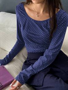 Nora Noon 女士情人节休闲印花针织长袖T恤，适合搭配图案T恤、白色上衣，也适合派对、生日和节日穿着。 - 藏蓝色 - 查看 10