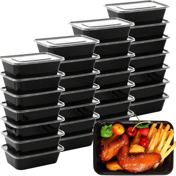 30 pièces Boîtes de conservation des aliments avec couvercles, boîtes-repas pour micro-ondes, boîtes-repas à compartiment unique, boîtes alimentaires empilables, convenant pour le micro-ondes, le lave-vaisselle et le congélateur (noir)