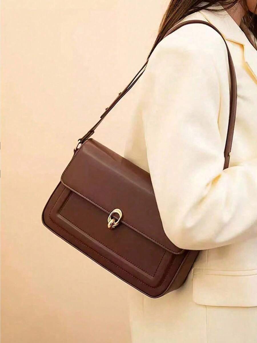 复古奢华女士包秋季新品百搭方形小众单肩斜挎包 - 棕色 - 查看 1