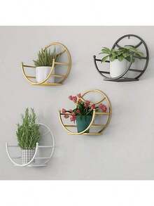 1pc, Wall Hanging Flower Shelf Living Room Balcony Iron Art Free Punching Green Pot Succulent Pot Plant Flower Shelf Household Storage - Multicolor - View 1