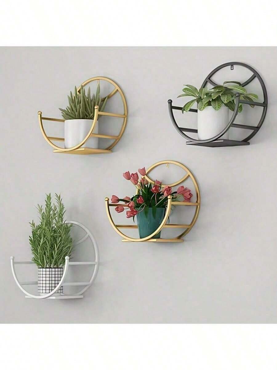 1pc, Wall Hanging Flower Shelf Living Room Balcony Iron Art Free Punching Green Pot Succulent Pot Plant Flower Shelf Household Storage - Multicolor - View 1
