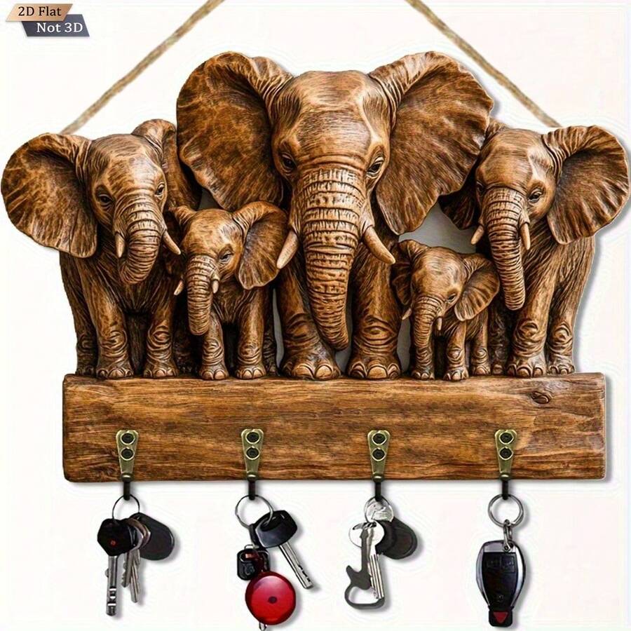 Gantungan Kunci Tema Keluarga Gajah Datar 2D - Dekorasi Penyimpanan Kunci dan Dinding Gaya Liar dengan 4 Cincin Logam, Cocok untuk Lorong & Pintu Masuk, Tidak Membutuhkan Daya, Organizer DIY 2D yang Menyenangkan, Dekorasi Rumah Praktis, Hadiah Natal, Hadiah Tahun Baru, Gantungan/Perekat Datar 2D - Coklat - View 1
