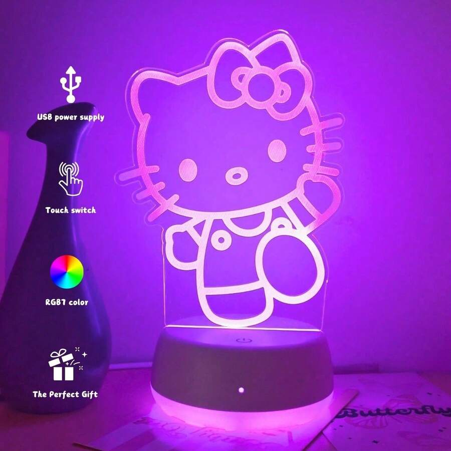 Sanrio 1pc Hello Kitty Acrylic Night Light - 7-Color Changing LED Desk Lamp With USB Power, Touch Control, Suitable For Bedroom, Party, Christmas, Valentine's Day, Birthday Gift, Festival Night Light, Cute Design, Suitable For Hello Kitty Decor