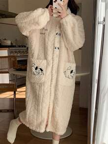 1Pc Women's Cozy Coral Fleece Hooded Robe - Warm And Soft Lounge Dress With Pockets, Machine Washable - Perfect For Fall And Winter - Multicolor - View 3