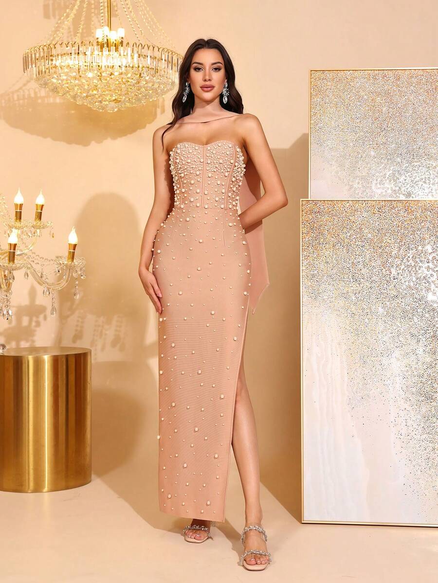 Đầm phù dâu cúp ngực xẻ cao, đính hạt cườm sang trọng, đầm dự tiệc kiểu băng quấn. - Màu Khaki - Xem 1