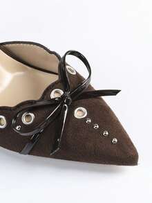 Fall/Winter Women's Fashion Pointed Toe Coffee Brown Bow Accent Party -On Stiletto High Heel Pumps, Elegant, Mule