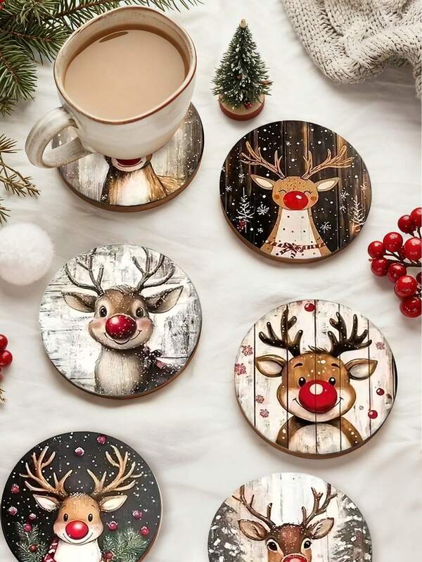 6/3/1 pezzo Sottobicchiere natalizio in legno carino, sottobicchiere con motivo di renne dal naso rosso carino, adatto per decorazione tavola natalizia, mobili, sottobicchieri per bevande domestiche, sottobicchieri per bicchieri da vino, regali di Natale, decorazioni natalizie, regali di Natale, decorazioni natalizie e per le feste