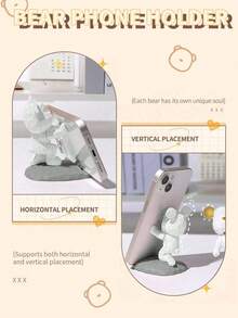 1个可爱塑料手机支架，卡通熊造型，兼容手机和平板电脑，适用于办公桌面、床头柜、客厅、书房、卧室，可作礼物