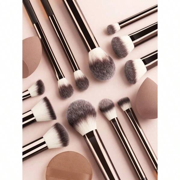 CTSZOOM Conjunto de 12 pincéis de maquiagem com cabo longo, conjunto de esponjas para pó, maquiagem profissional, conjunto de pincéis de maquiagem para iniciantes, pincéis de maquiagem para olhos e blush, ferramentas de beleza