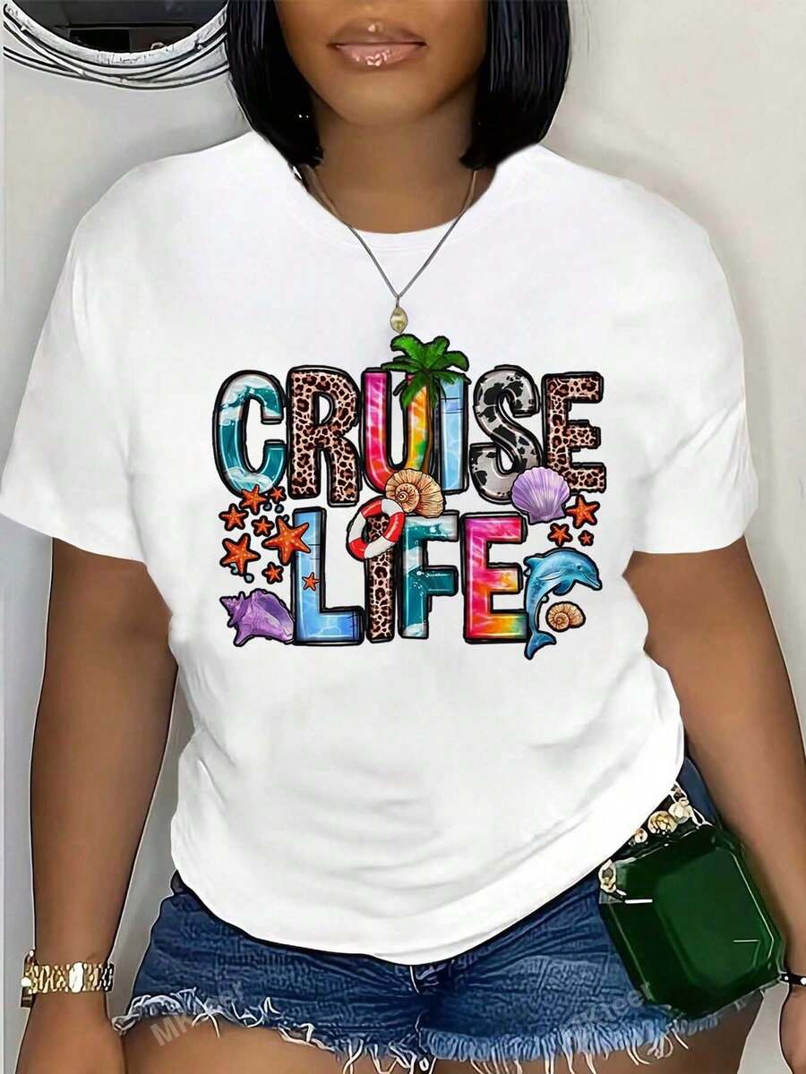 Cruise Life Colorful Tropical Print Round Neck T-Shirt For Women - Vacation Travel Gift, 220g Cotton Tee - 白色 - 查看 1