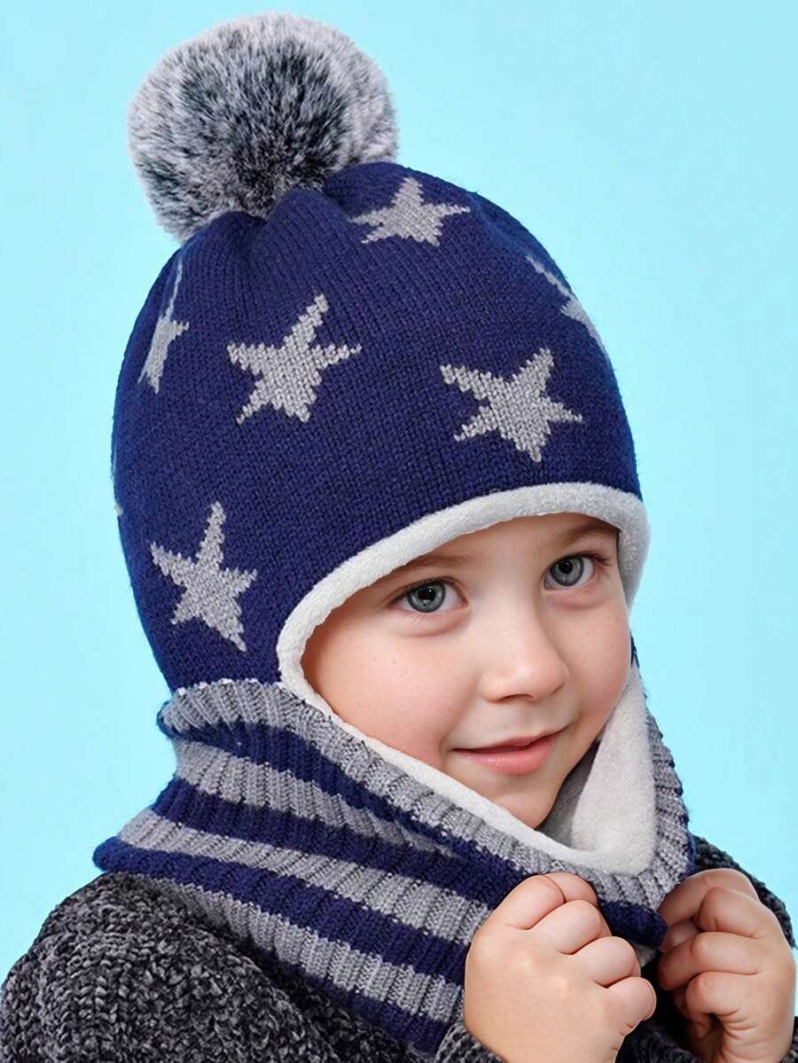 1pc Kids Hat Set, Autumn/Winter New Thick Knitted Hat Scarf 2-In-1, Windproof Earflap Hat For Boys & Girls, Suitable For Outdoor, Fits Ages 3-7 - Star Buffalo Hat - View 1