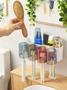 4 合 1 牙刷架套装，带自粘式壁挂式牙刷收纳盒，易于安装，节省空间的浴室配件，家居浴室装饰，秋季装饰，返校季