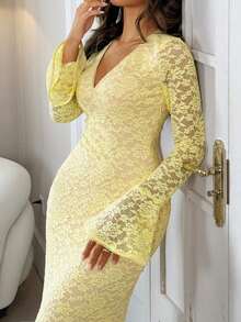 Women's V-Neck Long Sleeve Fitted Sexy Lace Jacquard Dress, Suitable For Dates, Back To School Seasons, Formal Dinners And Other Occasions - Yellow - View 9
