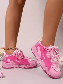 Women's Lace Up Shoes, Round Toe Thick Soled Shoes, European And American Style Sports Shoes, Fashionable Sports Shoes, Color Matching Sports Shoes, Metal Thick Soled Sports Shoes, Women's Sports Shoes, Lace Up Sports Shoes - 玫瑰紅 - 查看 6