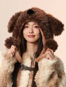 1pc Women's Hat, Dog Ear Button Decor Pom Pom Earflap Beanie, Funny & Stylish, Versatile, Cute, Warm & Comfortable For Outdoor, Casual, Commuting, Autumn/Winter