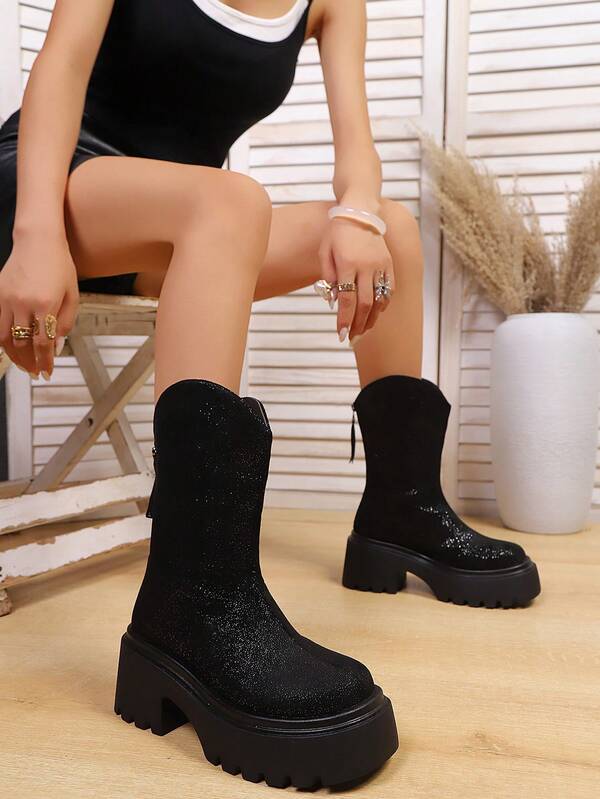 زوج من الأحذية الأنيقة ذات الترتر على شكل نجوم، بوت كاحل أو منتصف الساق، بوت شيلسي ذات منصة لامعة للمكتب/الزفاف، بوت شتوية ذات كعب عالي باللون الأسود، بوت ركوب، بوت دراجات نارية، بوت زفاف