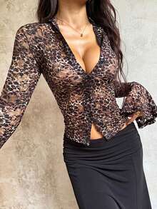 Blusa trasparente e sexy con motivo floreale in pizzo bruciato, da donna, per l'autunno