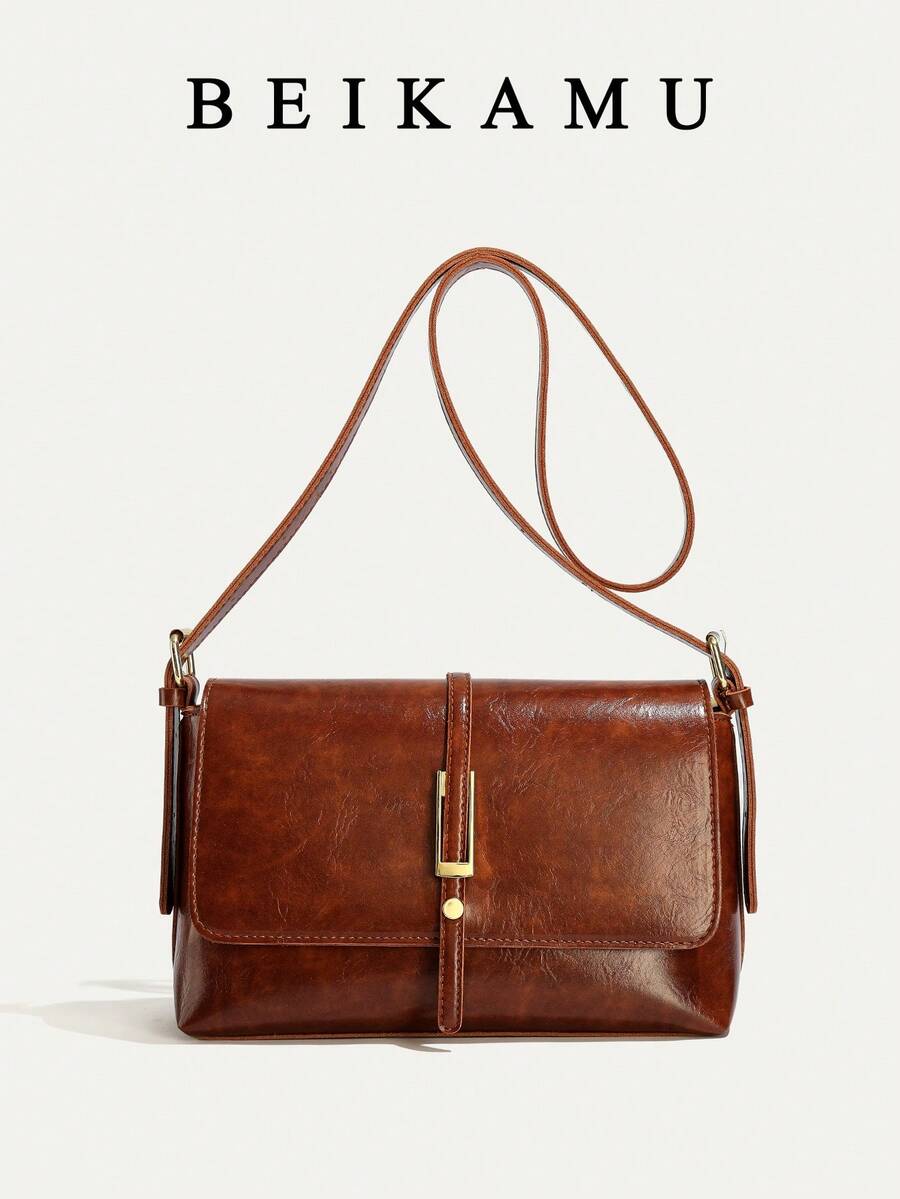 时尚休闲纯色方形翻盖包，无吊坠，适合大学/学院教室/通勤/工作/办公室/节日/度假/假日/聚会/旅行等场合，适合女性、职场新人、白领、青少年、大学生、年轻女孩。 - 棕色 - 查看 1