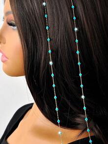 2 Pieces Of Charm, Fashionable And Simple Bohemian Style Chain Women Blue Rice Bead Decorated Hair Clip Hair Chain Set Braid Beads Hair Braiding Metal Decoration/Accessories Jewelry Carnival Head Jewelry Head Pieces Jewelry, Hair Jewellery, Wedding, Hair Accessories, Bride To Be - Hạt gạo màu xanh - Xem 1