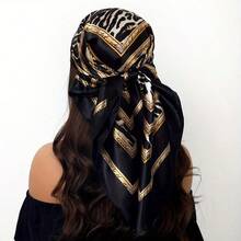 1 Piece Of 35.43x35.43 Inch Bohemian Leopard Print Square Scarf - Windproof, Light And Soft All-Season Women's Scarf, Suitable For Outdoor Travel, Leisure Travel And Fashion Accessories, Can Be Used As A Headband Or Headscarf, Elegant Single Product, Easy Care Fabric - 黑色 - 查看 1