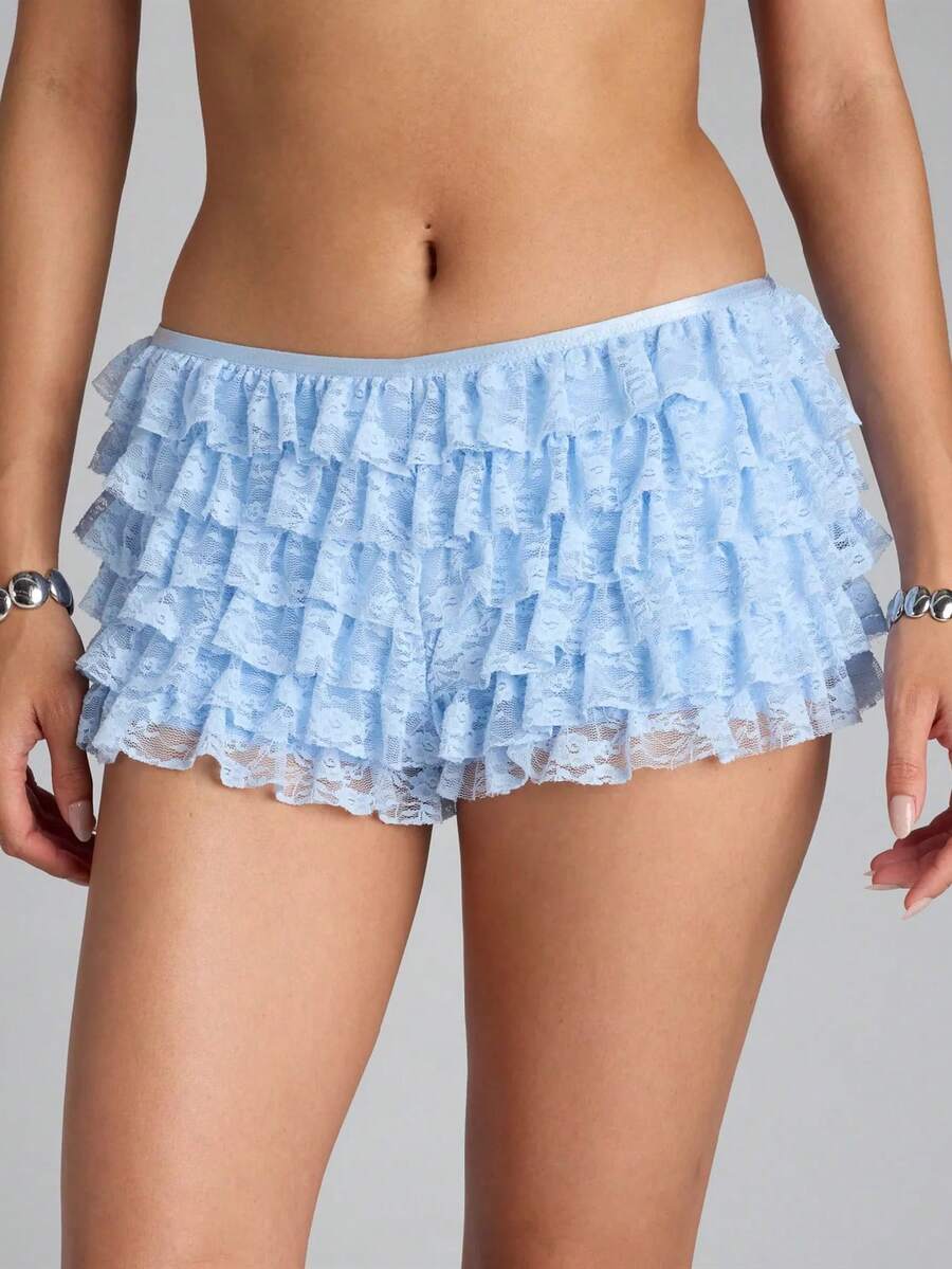 Women's Y2K Ruffle Micro Bloomers Shorts Cute Fluffy Elastic Waist Ruffle Lace Mini Shorts Booty Coquette Boyshorts - Blue - View 1
