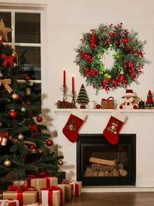 15.75 Inch Artificial Christmas Wreath With Red Berries - Rustic Plastic Eucalyptus Wreath With Red Berries And Holly, Indoor/Outdoor Holiday Decor