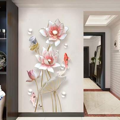 ملصق حائط بتصميم أنيق لأوراق اللوتس وسمكة الكوي بحجم كبير، ديكور للغرفة والمعيشة والمنزل