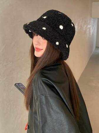 1pc Women's New Polka Dot Pattern Thermal-Lined Thick Bucket Hat, Elegant Lady Style, Warm And Breathable For Autumn/Winter, Machine Washable