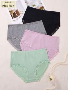 4 piezas Bragas de talla grande de algodón de unicolor con adorno de encaje, cómodas y elegantes de cintura alta - Multicolor - Ver 1