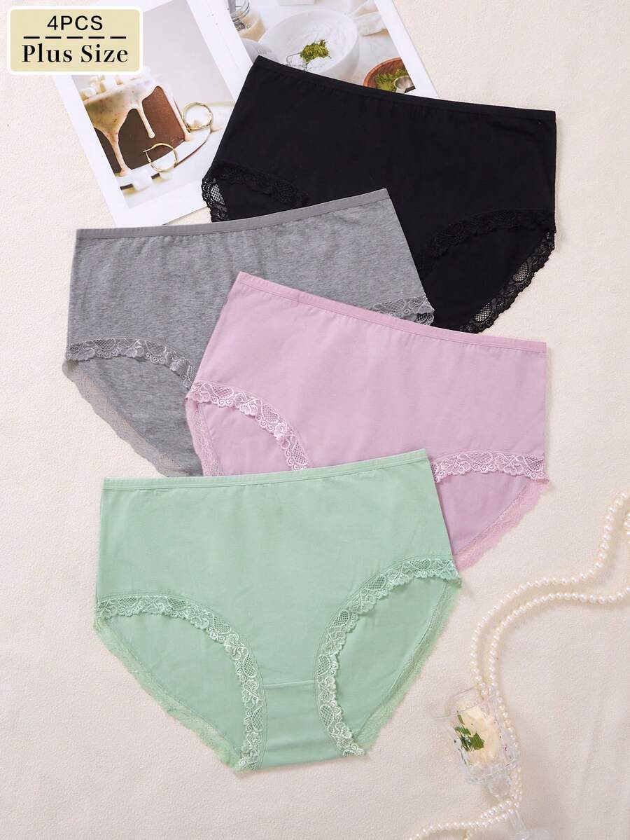 4 piezas Bragas de talla grande de algodón de unicolor con adorno de encaje, cómodas y elegantes de cintura alta - Multicolor - Ver 1