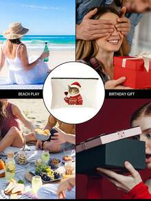 Cute Christmas Cat Holding A Red Wine Cosmetic Bag - A Cat Wearing A Christmas Hat And A Flowery Coat, A Multifunctional Storage Bag With Exquisite Printing And Unique Design, Suitable For Digital Bags, Hairdressing Bags, Swimming Bags,Bedroom Room Decor,Back To School - Multicolor - View 9