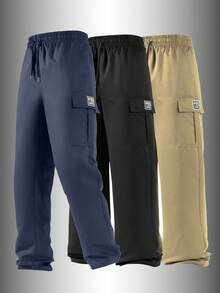 Men's Fashion Cargo Pants, Straight Leg, Elastic Waist, Loose Fit, Solid Color, Single Side Embroidered Logo, Long Pants - Navy Blue - View 5