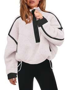 Women's Viral Sherpa Pullover Oversized Half Zip Sweatshirt | Cozy Y2K Winter Loungewear With Pocket Tumbler Fit - 白色 - 查看 1