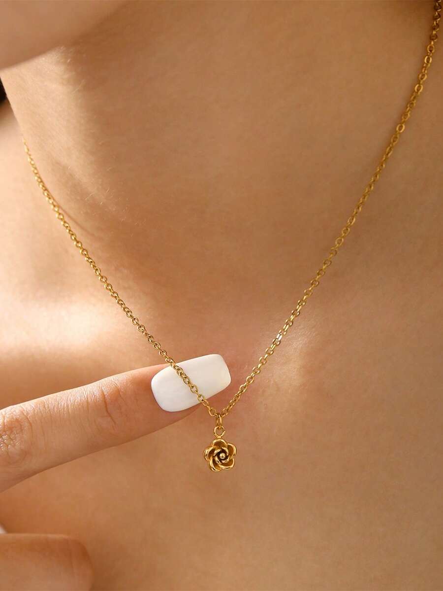 1pc Stainless Steel Waterproof Non-Fading Mini Rose Flower Necklace, Suitable For Women's Daily Wear - Rose - View 1