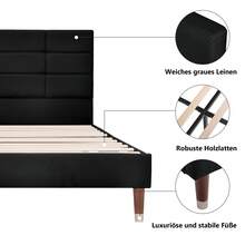 Upholstered Bed, Double Bed With Slatted Base, Upholstered Bed Frame 140x200cm With Headboard, In Black Linen, For Adults And Teenagers (Mattress Not Included) - Black - View 10