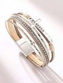 女士波西米亚风手链，PU皮革十字架设计，适合送礼、通勤和时尚搭配 - 卡其色 - 查看 4