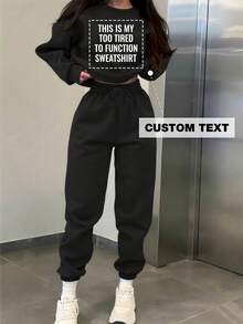 定制文字字母连帽衫，女士时尚运动服标语，字母图案印花圆领运动服套头衫，送给女朋友、朋友、家人、爱人的秋季礼物 - 黑色 - 查看 1