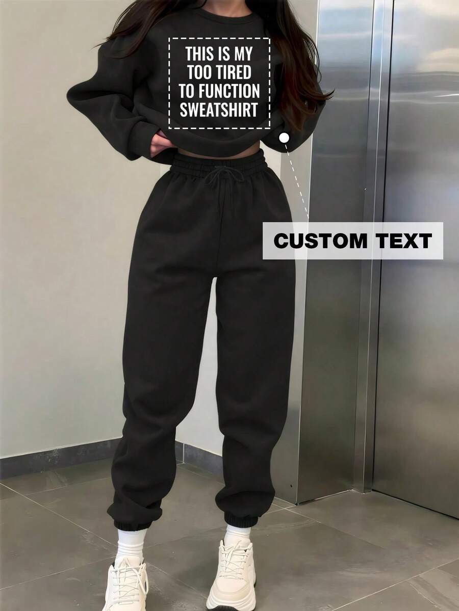 定制文字字母连帽衫，女士时尚运动服标语，字母图案印花圆领运动服套头衫，送给女朋友、朋友、家人、爱人的秋季礼物 - 黑色 - 查看 1