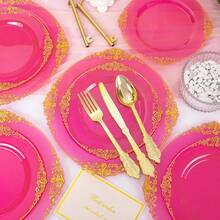 125PCS Plastic Plates - Elegant And Gold Dinnerware Set - Heavy Duty Disposable Plates With Gold Silverware Sets For 25 Guests For Wedding & Party & Bridal Shower - màu hồng tươi sáng - Xem 3