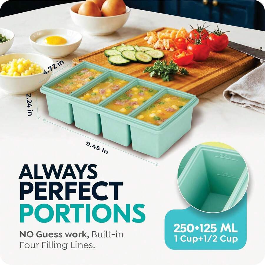 Bandejas de silicona para congelador con tapa, aptas para sopa de 1 taza, para cubitos de hielo, a prueba de fugas, aptas para lavavajillas y horno, apilables, ideales para caldos congelados, sobras y preparación de comidas, sin BPA (paquete de 2) - Verde - Ver 1