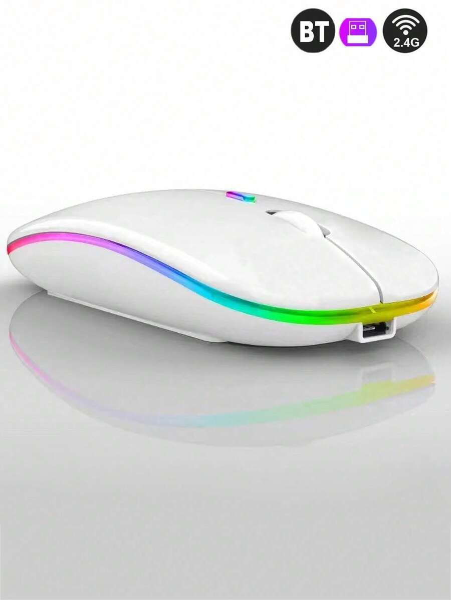 Souris sans fil Bluetooth rechargeable double mode lumineuse, charge silencieuse pour ordinateur portable, bureau et jeux