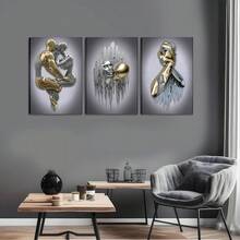 3 Pieces, Modern Bedroom Wall Art, Metal Effect Oil Painting Wall Decoration, Abstract Figure Statue Art Print Living Room Home Decor - 2D Flat - 銀色 - 查看 2