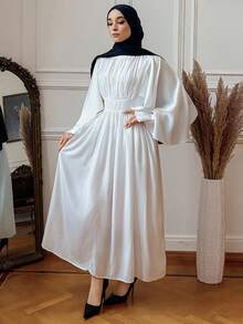DAZY Solid Color Stand Collar Pleated Ruffle Sleeve Mid-Calf Dress For Women Modest Fashion - White - View 6