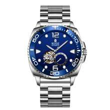 Relógio mecânico automático masculino RUIGE com pulseira de aço inoxidável, estilo empresarial e esportivo, calendário e visor luminoso - um presente de relógio azul perfeito para homens