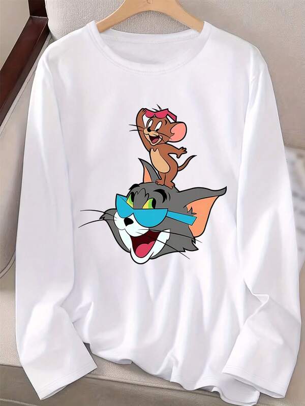 Warner Bros Camiseta de manga larga para mujer, con licencia de propiedad intelectual de Warner Bros, camiseta de manga larga con estampado gráfico de dibujos animados Tom y Jerry, cuello redondo, material de fácil cuidado, adecuado para uso diario, ropa de mujer, camiseta de mujer