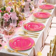 125PCS Plastic Plates - Elegant And Gold Dinnerware Set - Heavy Duty Disposable Plates With Gold Silverware Sets For 25 Guests For Wedding & Party & Bridal Shower - màu hồng tươi sáng - Xem 5