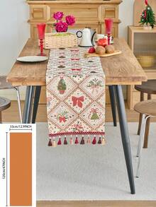 1pc Christmas Atmosphere Table Runner, Red Christmas Stocking With Golden Bell Jacquard Dining Flag, Tea Flag, Rectangular With Tassel, Suitable For Christmas Party Dining Table Decoration, Home Decor